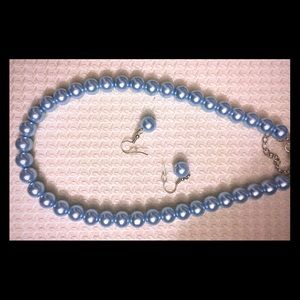 New Faux Sky Blue Pearl Necklace and Earrings